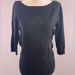 White House Black Market Black Horse Rhinestone Graphic 3/4 Sleeve Top.